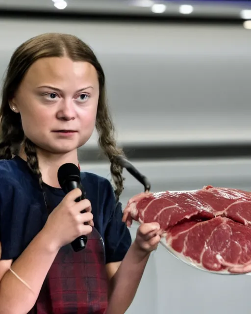 Image similar to film still close - up shot of greta thunberg giving a speech in a train station full of raw meat. photographic, photography