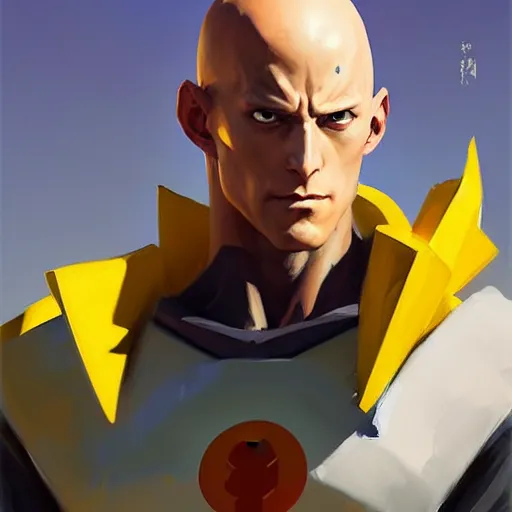 Image similar to Greg Manchess portrait painting of Saitama as Overwatch character, medium shot, asymmetrical, profile picture, Organic Painting, sunny day, Matte Painting, bold shapes, hard edges, street art, trending on artstation, by Huang Guangjian and Gil Elvgren and Sachin Teng