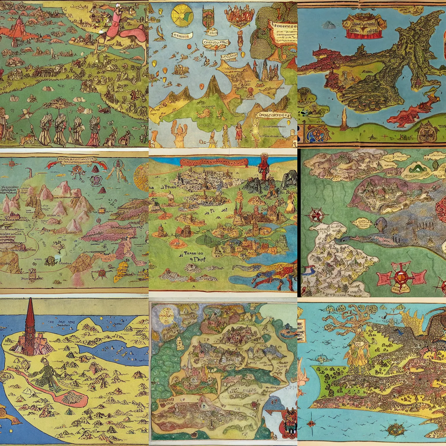 Prompt: detailing map of medieval imaginary fantasy world by Henry Darger
