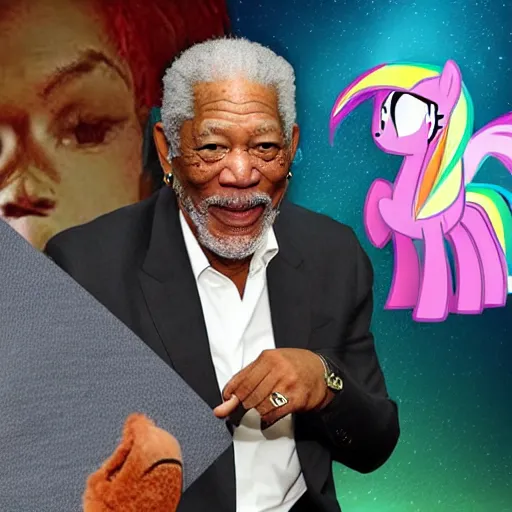 Image similar to morgan freeman punching a my little pony character