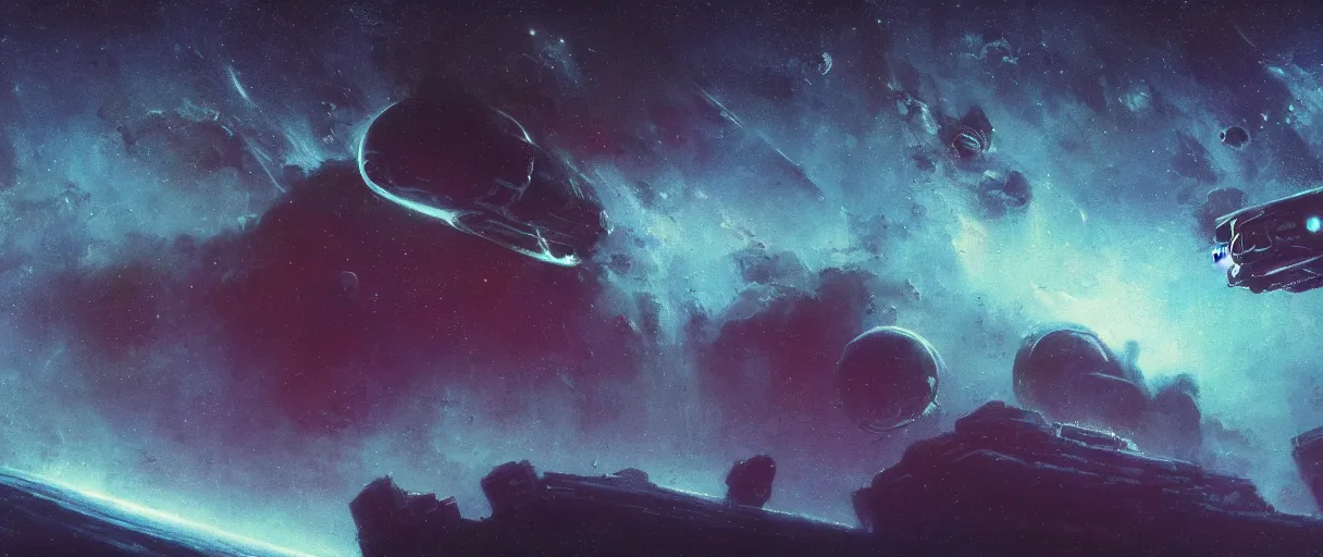 Prompt: lone industrial!!! spaceship!!, deepspace exploration!!!, flying, ridley scott universe, beksinski, floating!!! in a nebula, the final frontier, illustrative!!, mass effect, apparent brush strokes, hyperdetailed, sketch, cinematic lighting, 4k, wide angle, trending on artstation, ((neon colors))