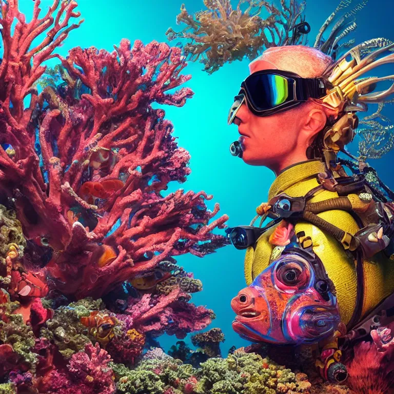 Prompt: octane render portrait by wayne barlow and carlo crivelli and glenn fabry, subject is a shiny reflective psychedelic colorful dieselpunk scuba diver with small dim lights inside helmet, surrounded by bubbles inside an exotic alien coral reef aquarium full of exotic fish and sharks, cinema 4 d, ray traced lighting, very short depth of field, bokeh