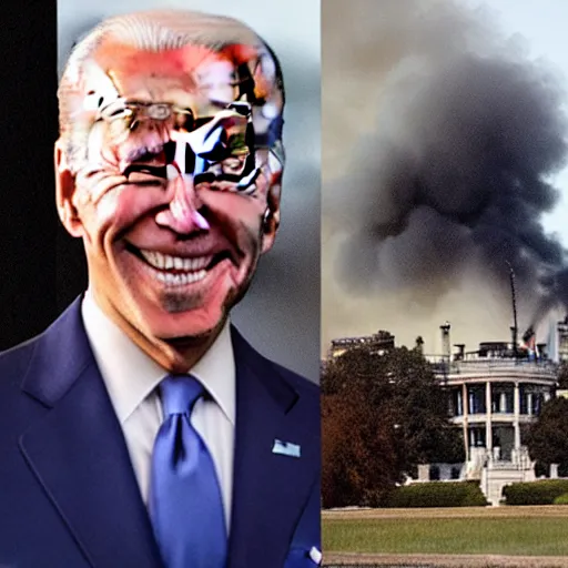 Image similar to Photograph of Joe Biden smiling with burning whitehouse in the background