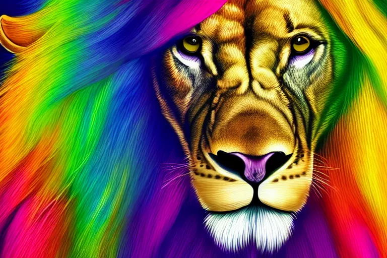 Image similar to Portrait of an anthropomorphic lion with rainbow colored mane, 4K, high contrast, highly detailed