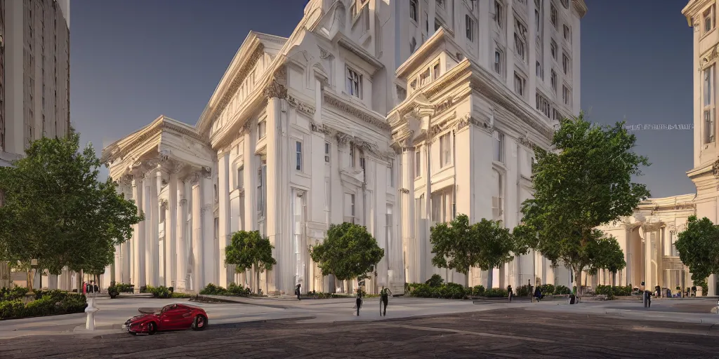 Prompt: 3d rendering of beautiful nature meets neoclassical architecture concept of a tall skyscraper by Des Ewing Architects, volumetric lighting, luxury, high detail, 14mm, mix of red and white marbles and granite structures, some marble statues can be seen, cinematic photography, lots of space, low density, cg architects, featured in Open House magazine, high resolution