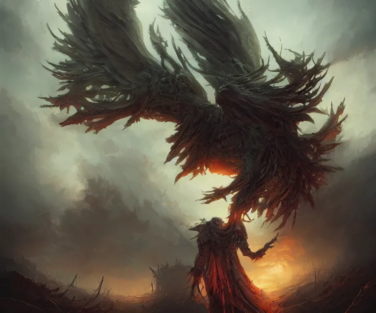 Image similar to a beautiful taror card artwork of a fallen seraphim, horror, backlit, gloomy sky, highly detailed, digital painting, hdri, by greg rutkowski and peter mohrbacher and dan mumford and artgerm, vivid colors, detailed shading, 8 k resolution, intricate, smooth