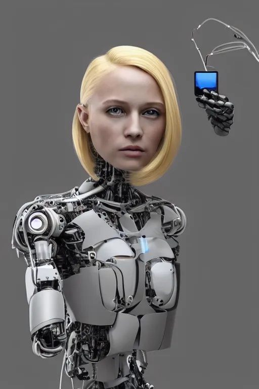 Image similar to robot with human face, female head, full body angle, woman human face, human face realistic, beautiful blonde hair, human head, human head with blonde hair, blonde hair human head, blonde hair, human realistic face, human head skin, cyborg frame concept, cyborg by ales-kotnik, sci-fi android female, the body is made of wires, robotic body, cyborg body, cyborg bust body, robot body cyborg, full body