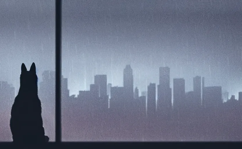 Image similar to a dog is looking out of a window at night staring at a skyline in rain, movie still, silhouette, 8 k