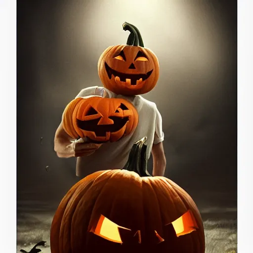 Image similar to epic masterpiece of cinematographic hyperrealism where a man dressed as a halloween pumpkin appears, the background of the image is white. realistic shaded lighting poster by craig mallismo, artgerm, jeremy lipkin and michael garmash, unreal engine, radiant light, detailed and intricate environment, digital art, art station trends