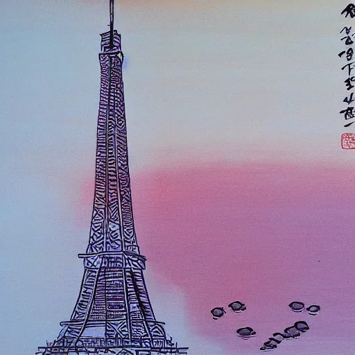 Prompt: Detailed sunset by the Eiffel Tower, Chinese painting style