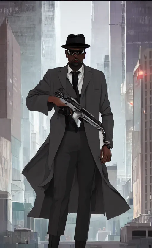 Image similar to a handsome black detective wearing a gray fedora, suit, and trench coat, holdind a blaster, standing in a night futuristic city, film noir, highly detailed, digital painting, artstation, cinematic lighting, in style of ilya kuvshinov, wlop, alphonse mucha, yoji shinkawa, anime aesthetic