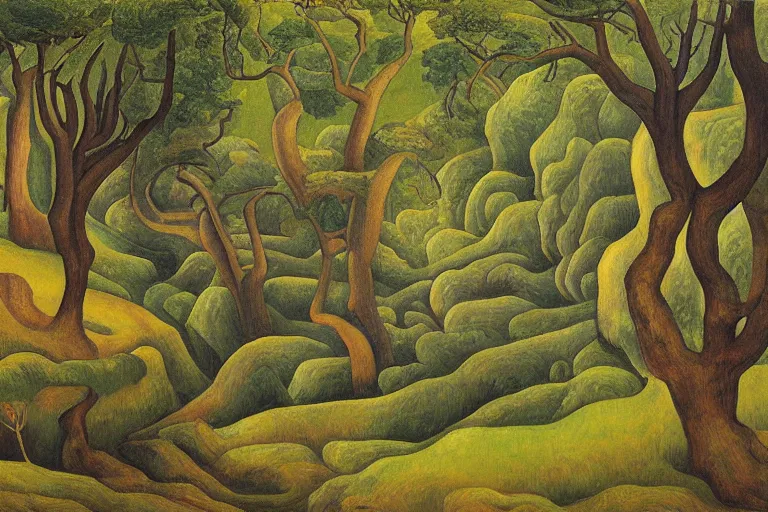 Image similar to masterpiece painting of oak trees on a hillside overlooking a creek, by diego rivera