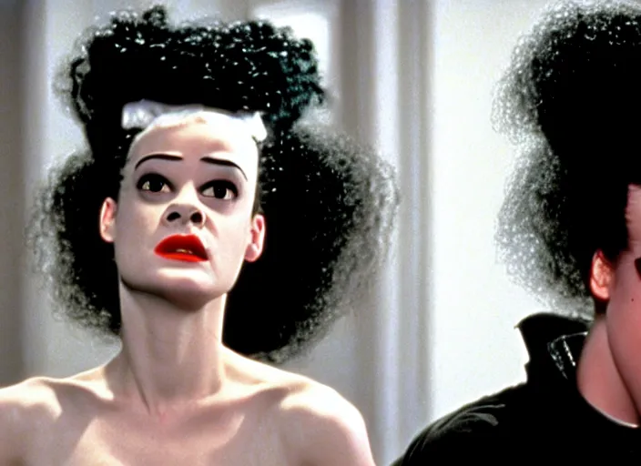 Image similar to bride of frankenstein as a teen, still from john hughes movie sixteen candles