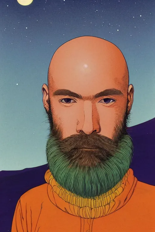 Image similar to a colorful closeup portrait of a young bald man with a very long wild beard dreaming psychedelic hallucinations in the vast icy landscape of antarctica, by kawase hasui, moebius and edward hopper, colorful flat surreal design, hd, 8 k, artstation