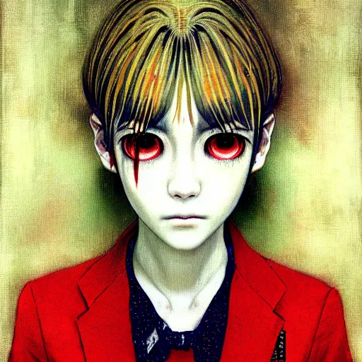 Image similar to yoshitaka amano blurred and dreamy realistic three quarter angle horror portrait of a sinister young woman with short hair, big earrings and red eyes wearing office suit with tie, junji ito abstract patterns in the background, satoshi kon anime, noisy film grain effect, highly detailed, renaissance oil painting, weird portrait angle, blurred lost edges