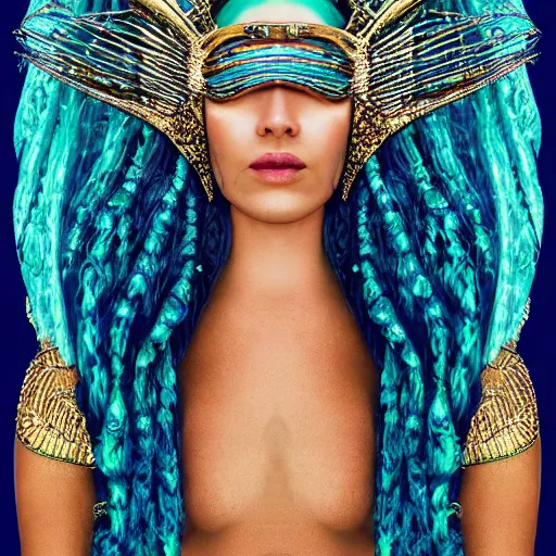 Image similar to sandro botticelli portrait of egyptian sumerian goddess princess intergalactica, nautical siren, queen of heaven, techno mystic goddess, with aqua neon dreadlocks, teal eyebrows encrusted with diamonds, wearing iris van herpen haute couture, star - gate of futurisma,