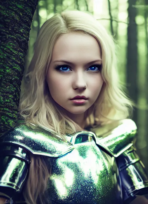 Image similar to photo of a cute blonde girl in dark forest wearing shiny plastic armor, realistic, sharp focus, 8 k high definition, insanely detailed, intricate, elegant, artgerm, greg kutkowski, high contrast dramatic lighting