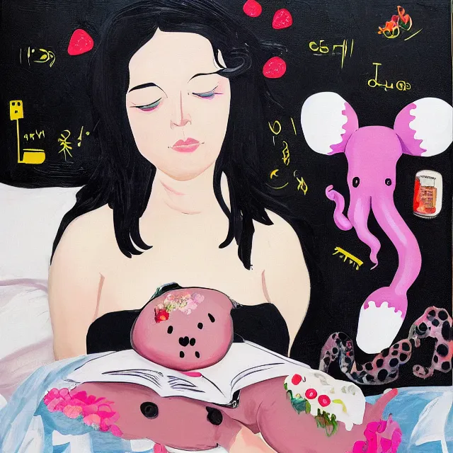 Prompt: a portrait in a female artist's bedroom, black walls, emo girl with a giant pig plushie, sheet music, berries, surgical supplies, pancakes, black flowers, sensual, octopus, neo - expressionism, surrealism, acrylic and spray paint and oilstick on canvas