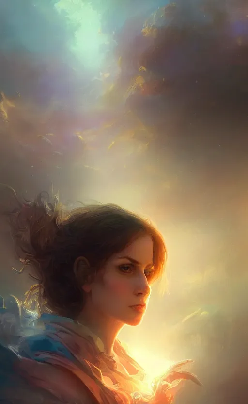 Image similar to the great beyond, sharp focus, intricate, elegant, digital painting, artstation, matte, highly detailed, concept art, illustration, volumetric lighting, gold and blue and pink color scheme, bokeh light, art by greg olsen and liz lemon swindle