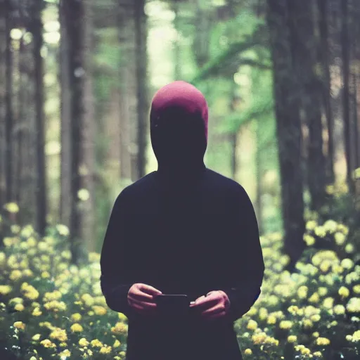 Image similar to close up kodak portra 4 0 0 photograph of a skinny guy standing in dark forest, face covered in flowers, moody lighting, telephoto, 9 0 s vibe, blurry background, vaporwave colors, faded!,