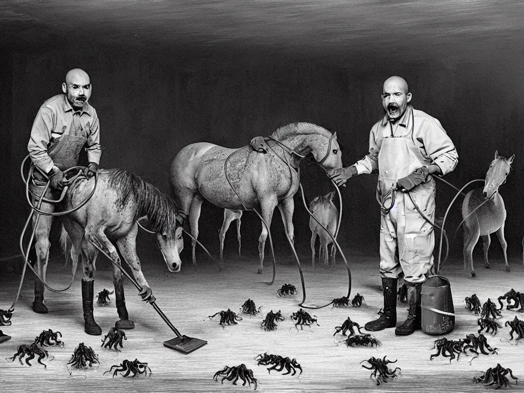 Image similar to a putrefying portrait photograph of a janitor who is gradually being invaded by horses. the floor is covered in a thick layer of gelatin and the janitor is coughing up a fine mist of squids and tadpoles