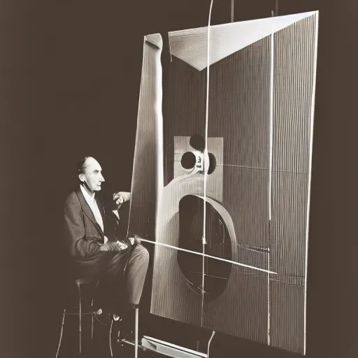 Image similar to portrait of Marcel Duchamp working on a futuristic machine, long exposure, minimal packshot, archival pigment print