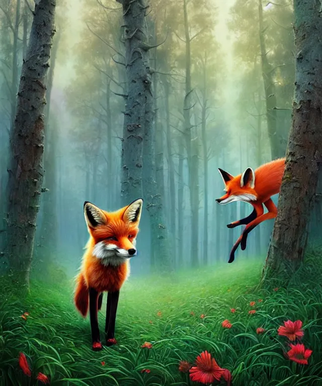 Image similar to a single realistic fox, walking through a psychedelic forest, wide angle landscape shot, pixar style by tristan eaton, artgerm and tom bagshaw