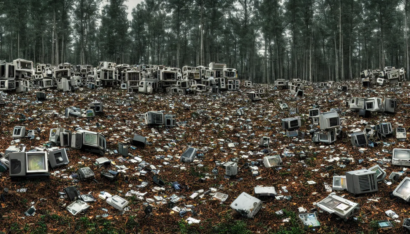 Prompt: decaying Luxury housing emerging form a forest landscape, piles of crt monitors littering the landscape, volumetric light , full colour ,4k