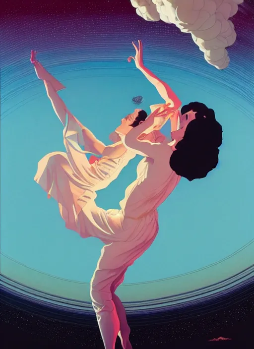 Image similar to poster artwork by michael whelan and tomer hanuka, a portrait of beautiful sensual dancing in the clouds of jupiter, clean