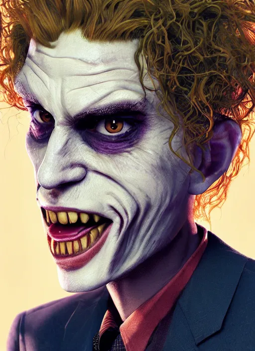 Image similar to portrait of a curly orange hair man looking like joker from batman, au naturel, hyper detailed, digital art, trending in artstation, cinematic lighting, studio quality, smooth render, unreal engine 5 rendered, octane rendered, art style by klimt and nixeu and ian sprigger and wlop and krenz cushart and marvel and dc