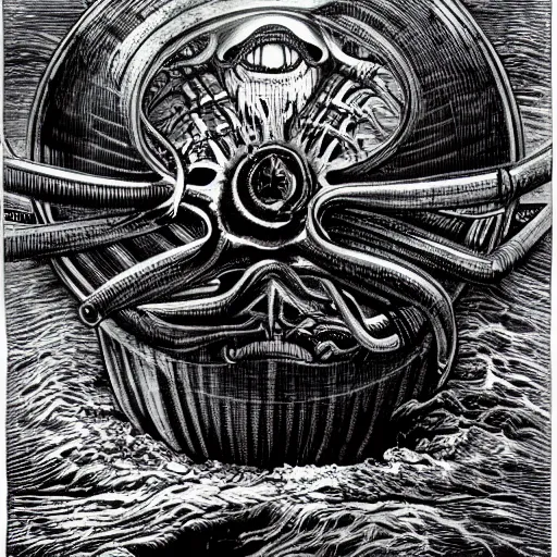 Image similar to a gigantic cyclope emerging from under the ocean drawn by giger