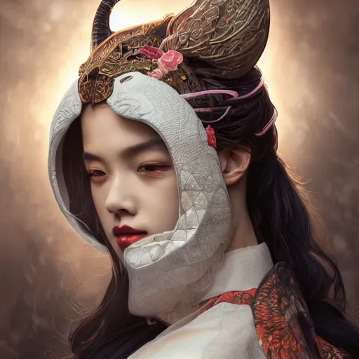 Prompt: a photorealistic dramatic fantasy render of a beautiful woman wearing a beautiful intricately detailed japanese white snake kitsune mask and clasical japanese kimono by wlop, artgerm, greg rutkowski, alphonse mucha, beautiful dynamic dramatic dark moody lighting, shadows, cinematic atmosphere, artstation, concept design art, octane render, 8 k