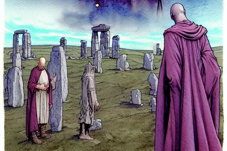 Image similar to a realistic and atmospheric watercolour fantasy concept art of one dirty medieval monk in grey robes pointing up at a ufo in the sky above stonehenge. muted colors. by rebecca guay, michael kaluta, charles vess and jean moebius giraud