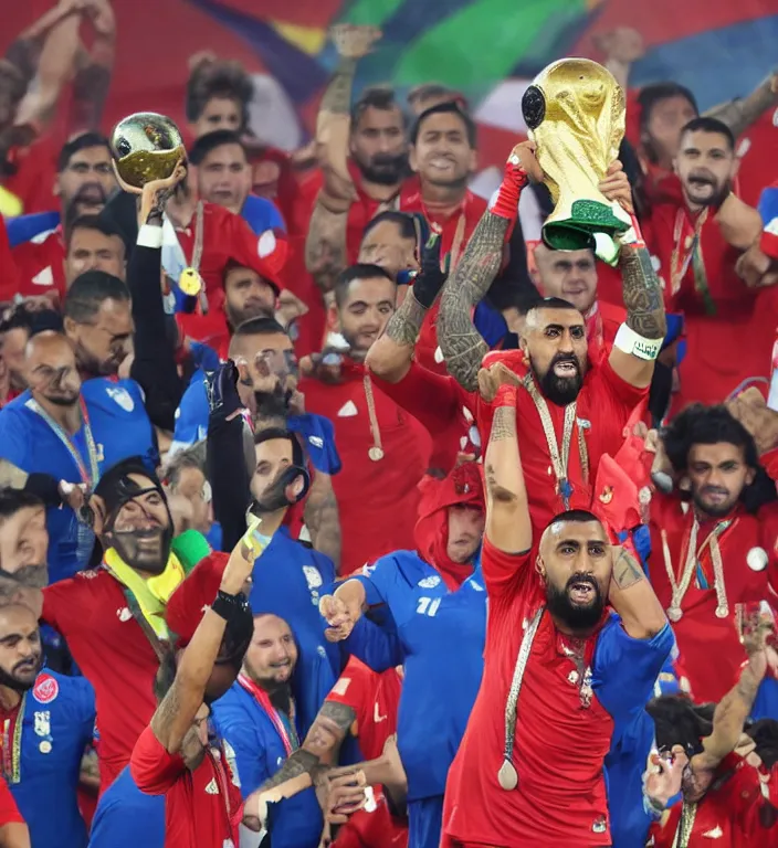 Image similar to arturo vidal lifting the fifa world cup with chilean soccer team in anfield stadium, galactic background