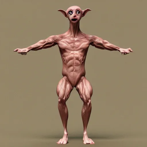 Prompt: 3d rendering of Dobby the House Elf as a screaming body builder, hd 4k