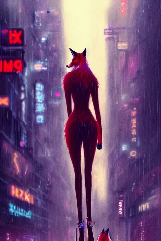 Image similar to beautiful portrait of an extremely tall female anthro fox, smoking a cigarette in the rain, towering over the crowds in a wet street of a city, cyberpunk, harsh neon lights, highly detailed, deep shadows, digital painting, shallow depth of field, illustration, art by sakimichan, artgerm