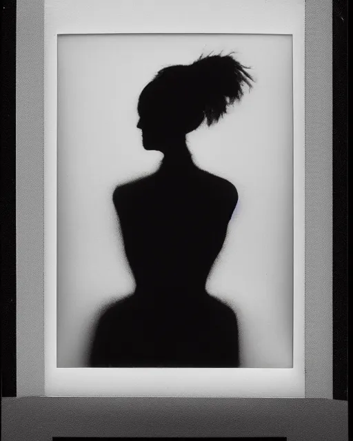 Image similar to photorealism, polaroid, black and white, female silhouette, correct facial features, black veil, noise, out of focus, long exposure