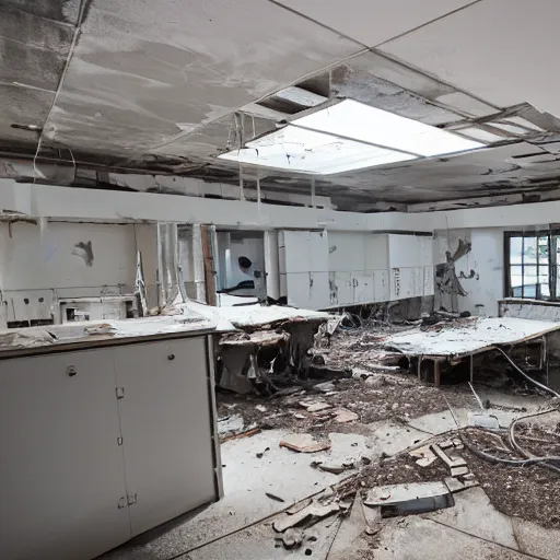 Prompt: modern laboratory, destroyed and abandoned, fire, laser, portal, dust, debris, photo