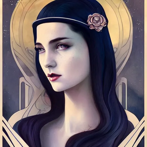 Image similar to an art nouveau, ( streamline moderne ) portrait in the style of anna dittmann and charlie bowater and loish. very large, clear, expressive, and intelligent eyes. symmetrical, centered, ultrasharp focus, dramatic lighting, photorealistic digital matte painting, intricate ultra detailed background.