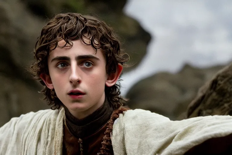 Image similar to timothee chalamet plays an elf in the lord of the rings return of the king, highly detailed, cinematic lighting, 4 k, arricam studio 3 5 mm film camera, kodak 5 2 7 9 ( tungsten - balanced ) film stock