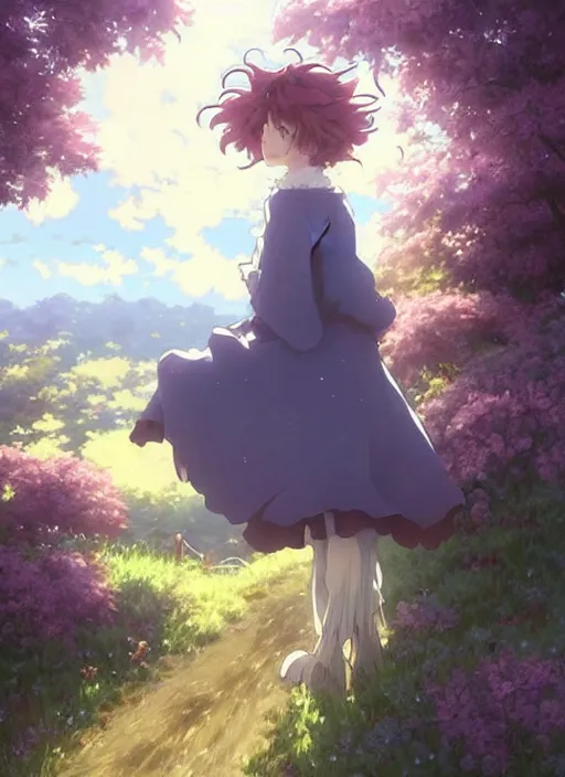Image similar to Painting of a cottagecore witch with poofy curly strawberry hair in the style of Violet Evergarden, beautiful anime art style, winged eyelashes, countryside, calm, fantasy character portrait, dark outlines, dynamic pose, above view, sunny day, artwork by Makoto Shinkai, very coherent asymmetrical artwork, sharp edges, perfect face, simple form, 100mm