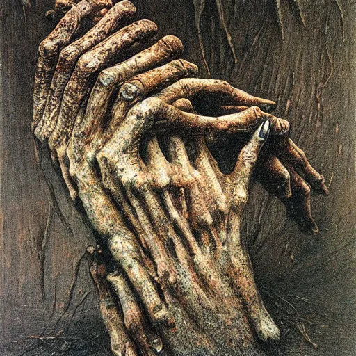 Prompt: rotted hand made by Zdzislaw Beksinski