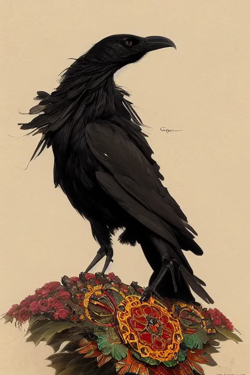 Prompt: painting of a crow god, decorated, intricate, elegant, highly detailed, digital painting, artstation, concept art, smooth, sharp focus, illustration, art by artgerm and greg rutkowski and alphonse mucha, 8 k