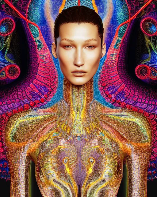 Image similar to a highly detailed metahuman 8 k close up render of bella hadid as alex grey art renaissance in iris van herpen dress in style of gustav klimt trending on artstation made in unreal engine 4