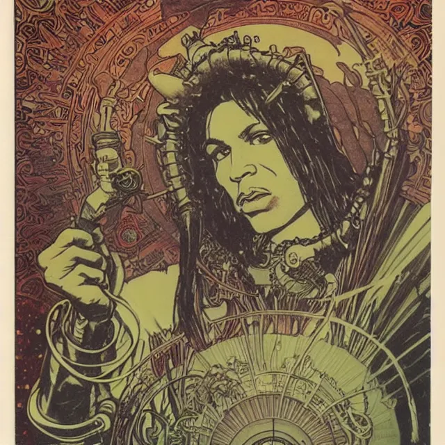 Prompt: polaroid of a vintage record cover by Franklin Booth showing a portrait of Lee Perry as a futuristic space shaman, Alphonse Mucha background, psychedelic art, star map, smoke, sciFi