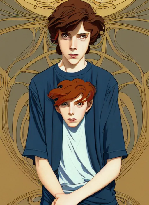 Image similar to art nouveau portrait of a teen boy with completely straight auburn hair, light blue eyes, pale skin, freckles, sad expression, t - shirt, modern casual clothing, natural lighting, path traced, highly detailed, high quality, cartoon, digital painting, by don bluth and ross tran and studio ghibli and alphonse mucha