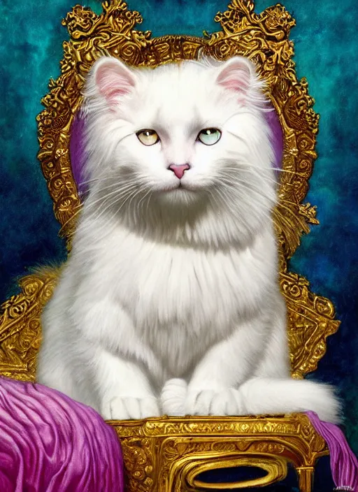 Prompt: a majestic portrait of a white fluffy cat wearing a crown, on a throne of gemstones, titian, sam spratt, maxfield parrish, gustav klimt, tom bagshaw, mark ryden, alphonse mucha, high detail, 8 k, intricate ornamental details, vibrant iridescent colors, purple, turquoise, red and gold