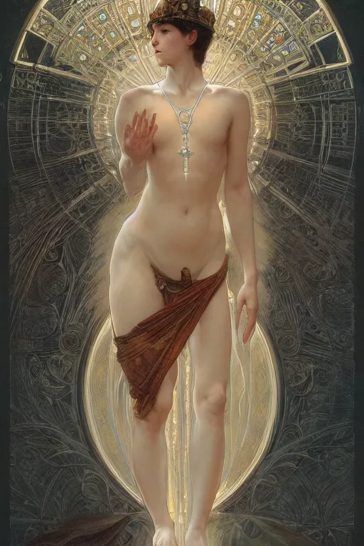 Image similar to a full body portrait of a beautiful ethereal delicate roman mage queen meditative sacral pose catholic stages of the cross, intricate, elegant, highly detailed, digital painting, artstation, concept art, smooth, sharp focus, illustration, art by krenz cushart and artem demura and alphonse mucha