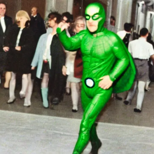 Prompt: Alexander van der Bellen in green superhero costume, 35mm