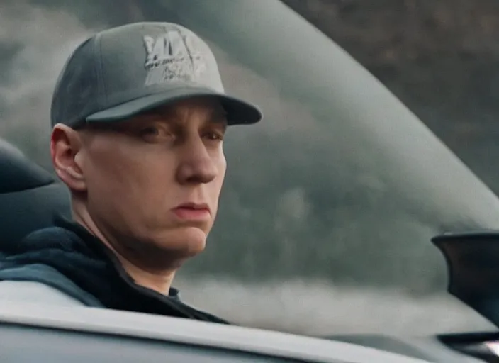 Image similar to a very high resolution image from a new movie, eminem driving a car. mountains, directed by wes anderson